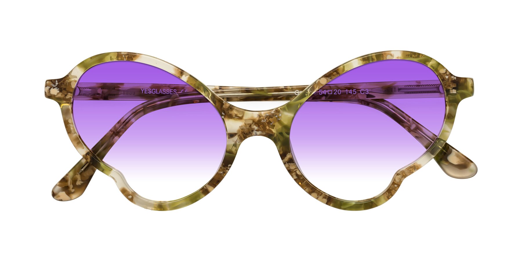 Folded Front of Gabriel in Green Floral with Purple Gradient Lenses