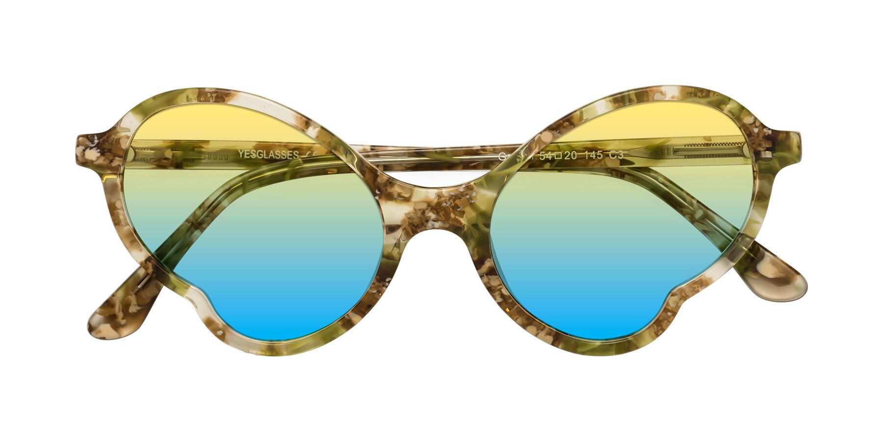 Folded Front of Gabriel in Green Floral with Yellow / Blue Gradient Lenses