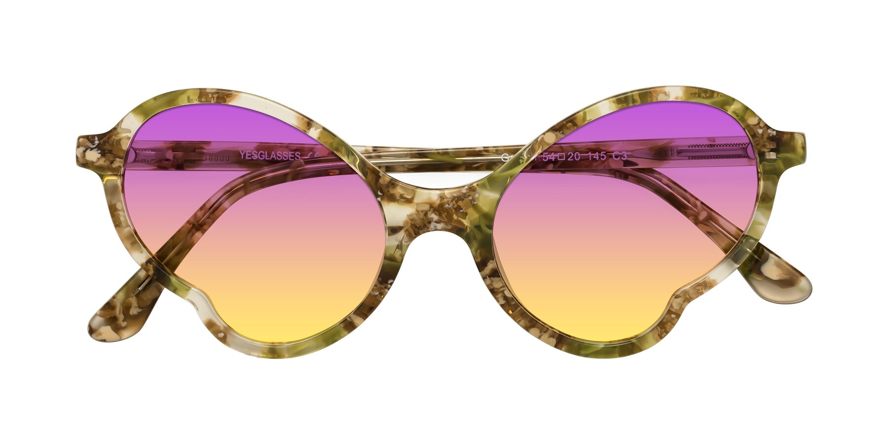 Folded Front of Gabriel in Green Floral with Purple / Yellow Gradient Lenses