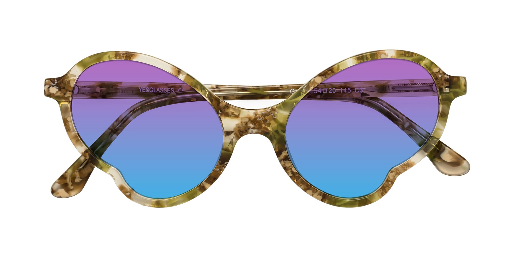 Folded Front of Gabriel in Green Floral with Purple / Blue Gradient Lenses
