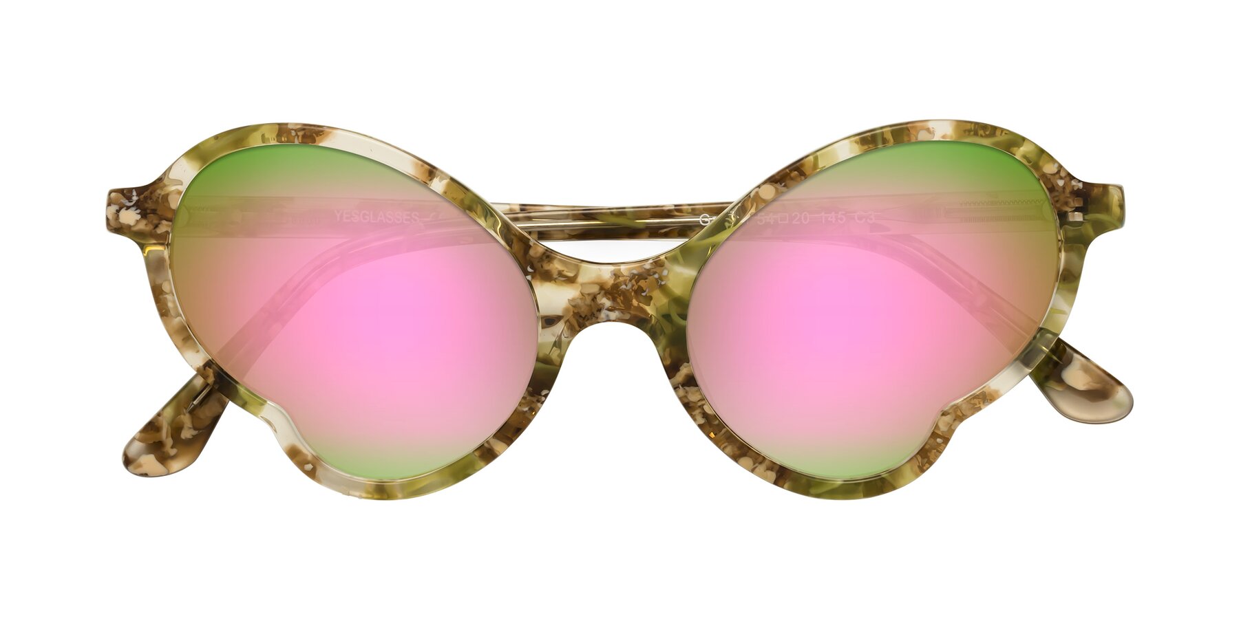 Folded Front of Gabriel in Green Floral with Pink Mirrored Lenses