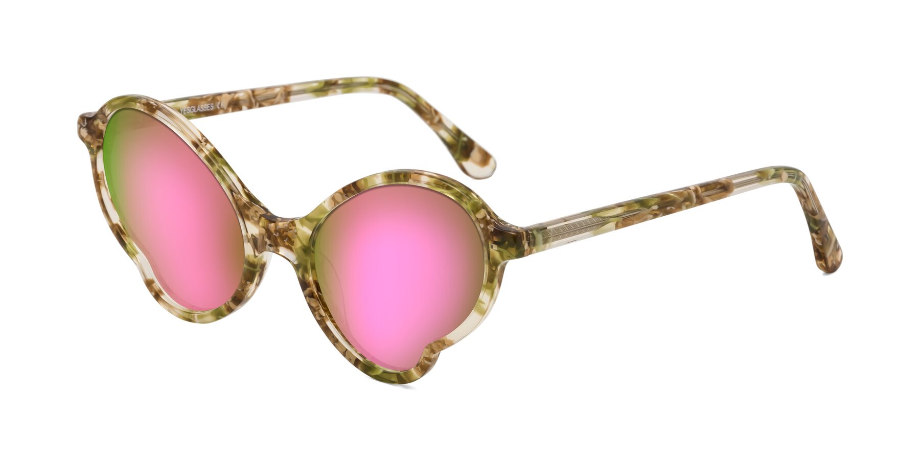 Angle of Gabriel in Green Floral with Pink Mirrored Lenses