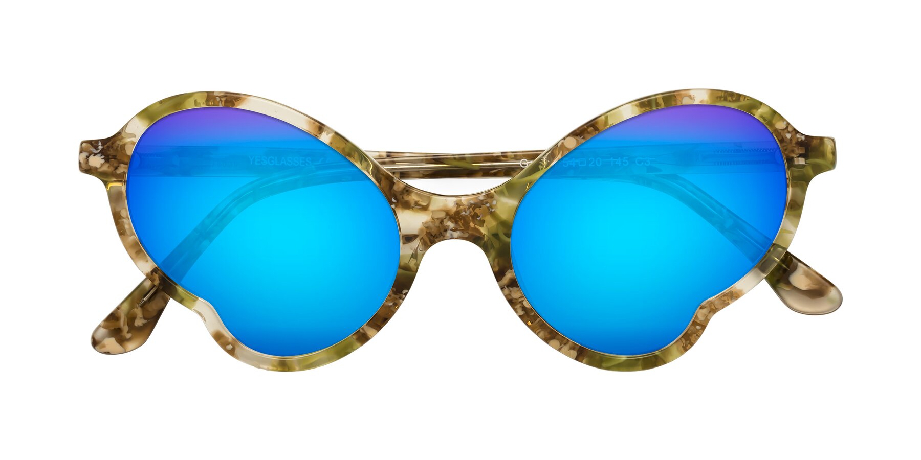 Folded Front of Gabriel in Green Floral with Blue Mirrored Lenses