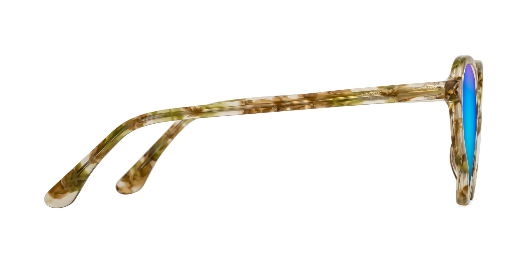Side of Gabriel in Green Floral with Blue Mirrored Lenses