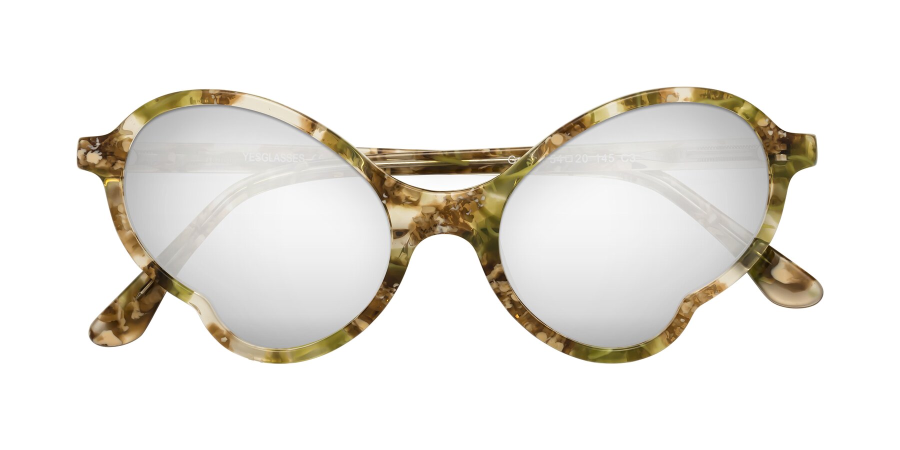 Folded Front of Gabriel in Green Floral with Silver Mirrored Lenses