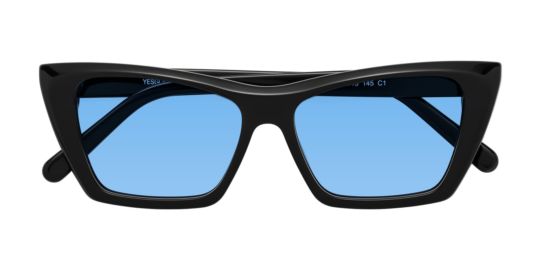 Folded Front of Khoi in Black with Medium Blue Tinted Lenses