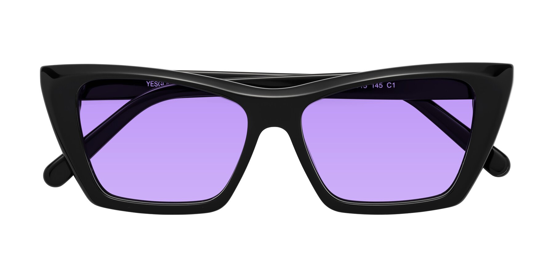 Folded Front of Khoi in Black with Medium Purple Tinted Lenses