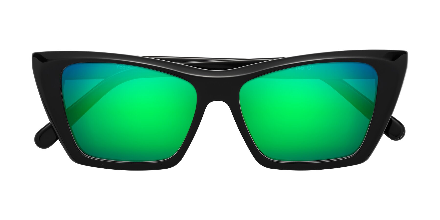 Folded Front of Khoi in Black with Green Mirrored Lenses
