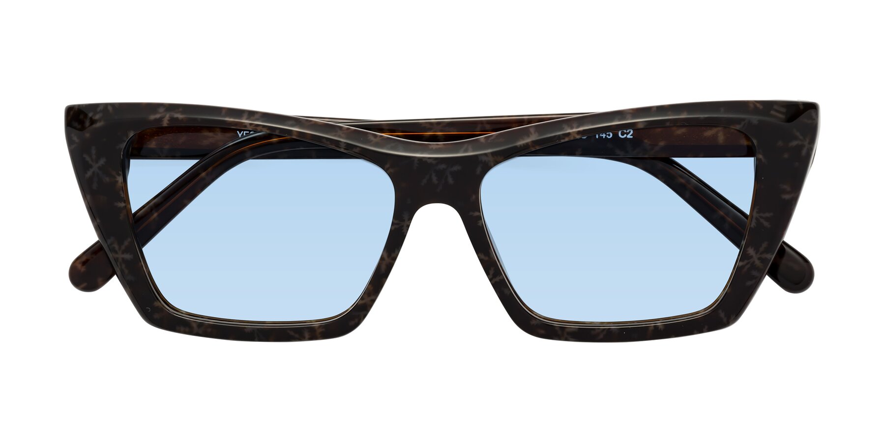 Folded Front of Khoi in Brown Snowflake with Light Blue Tinted Lenses