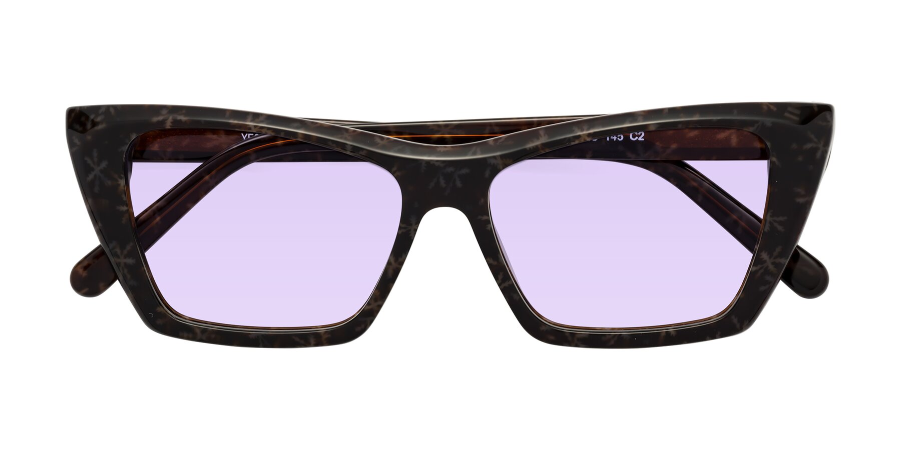 Folded Front of Khoi in Brown Snowflake with Light Purple Tinted Lenses