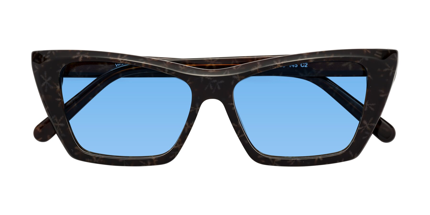 Folded Front of Khoi in Brown Snowflake with Medium Blue Tinted Lenses