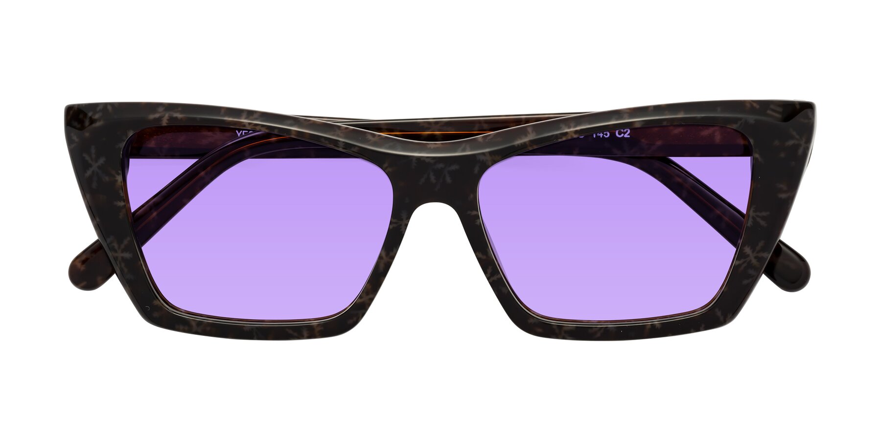 Folded Front of Khoi in Brown Snowflake with Medium Purple Tinted Lenses