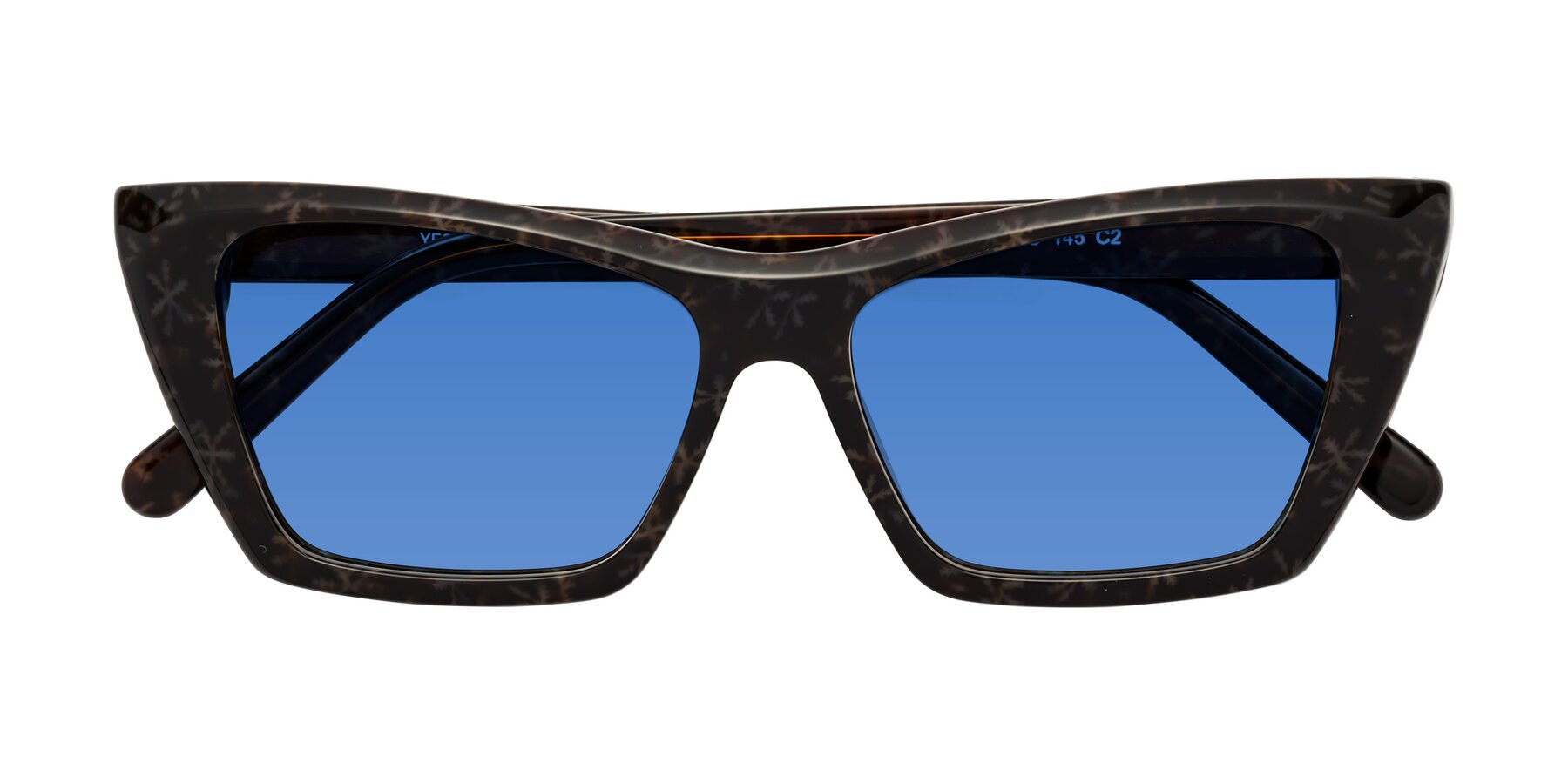 Folded Front of Khoi in Brown Snowflake with Blue Tinted Lenses