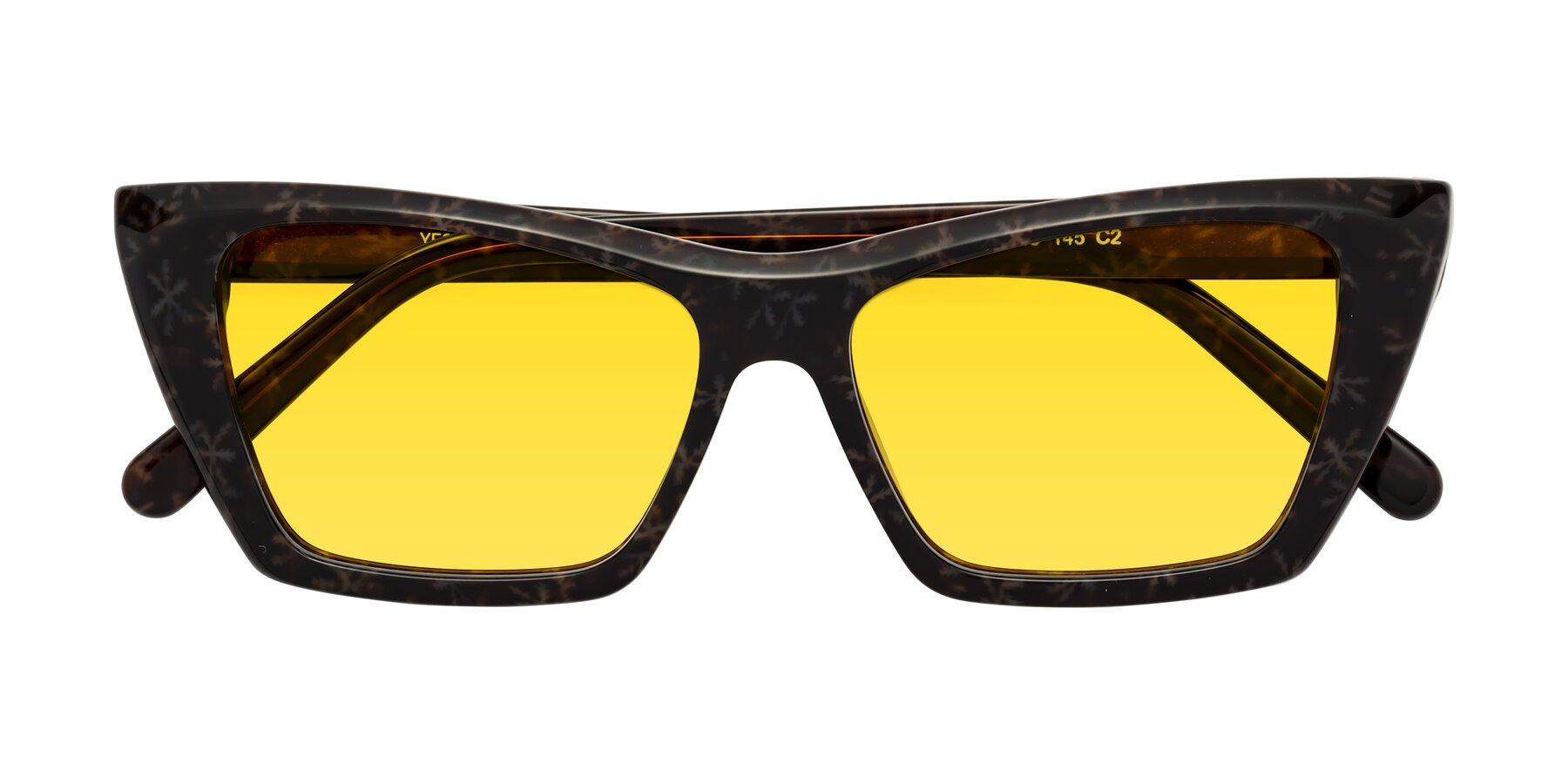 Folded Front of Khoi in Brown Snowflake with Yellow Tinted Lenses