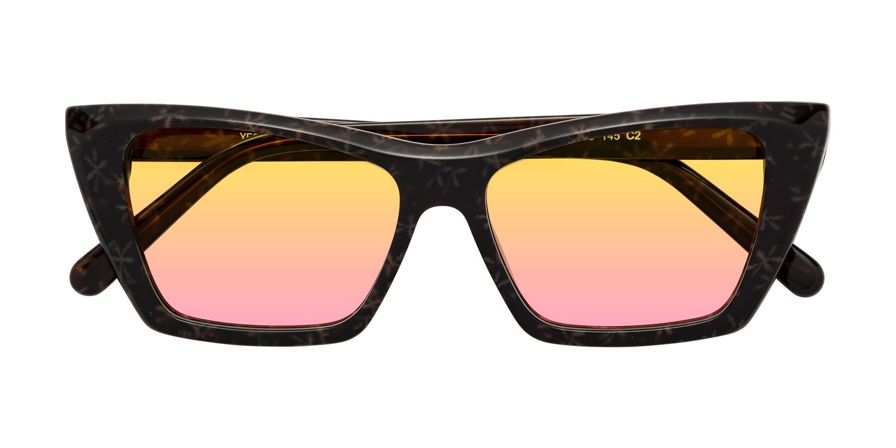 Folded Front of Khoi in Brown Snowflake with Yellow / Pink Gradient Lenses