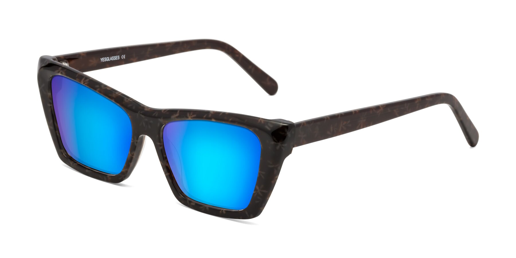 Angle of Khoi in Brown Snowflake with Blue Mirrored Lenses