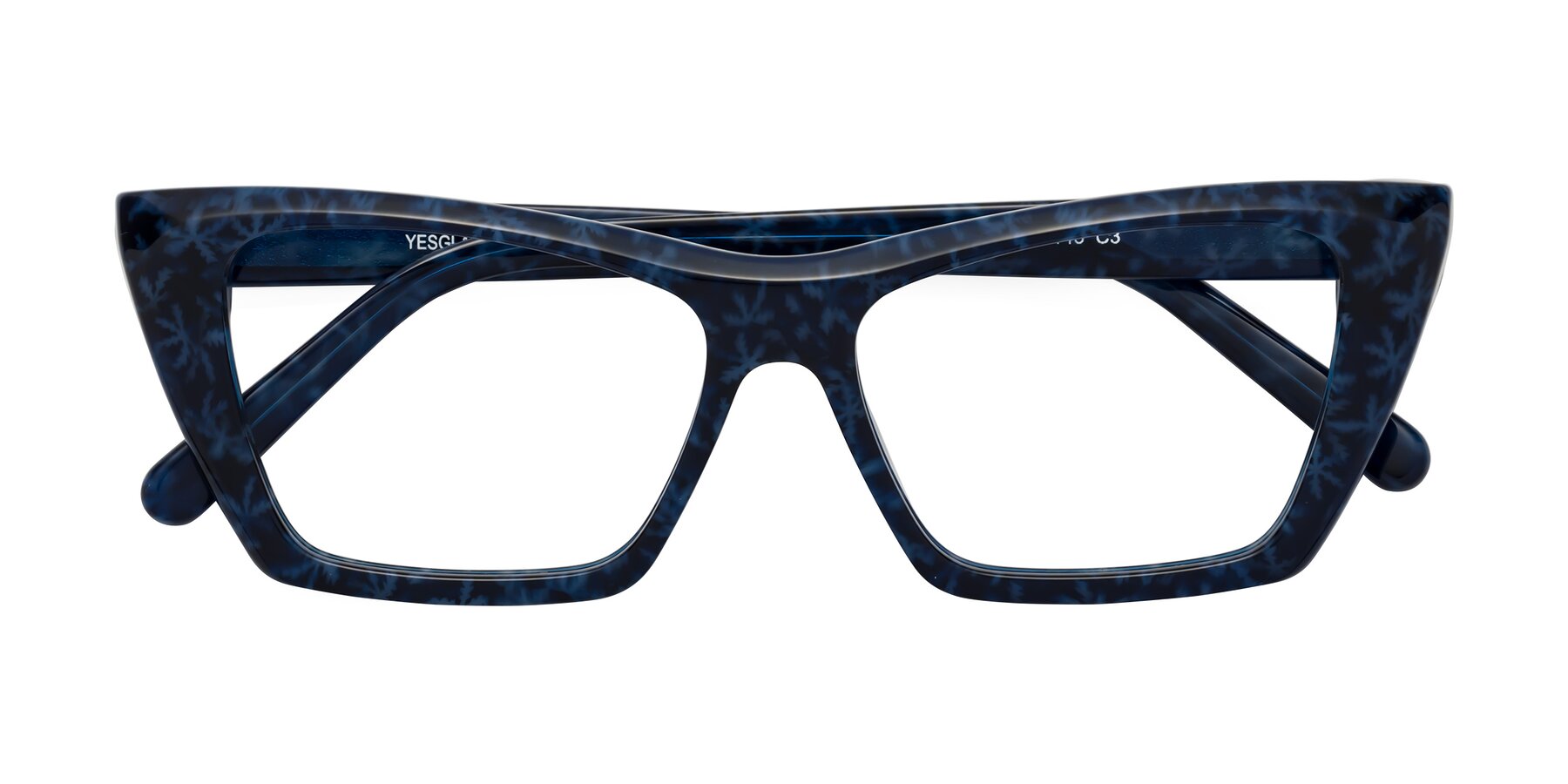 Folded Front of Khoi in Blue Snowflake with Clear Eyeglass Lenses