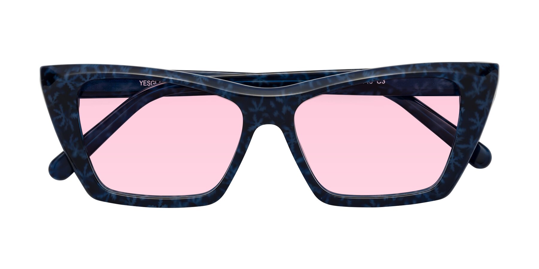 Folded Front of Khoi in Blue Snowflake with Light Pink Tinted Lenses