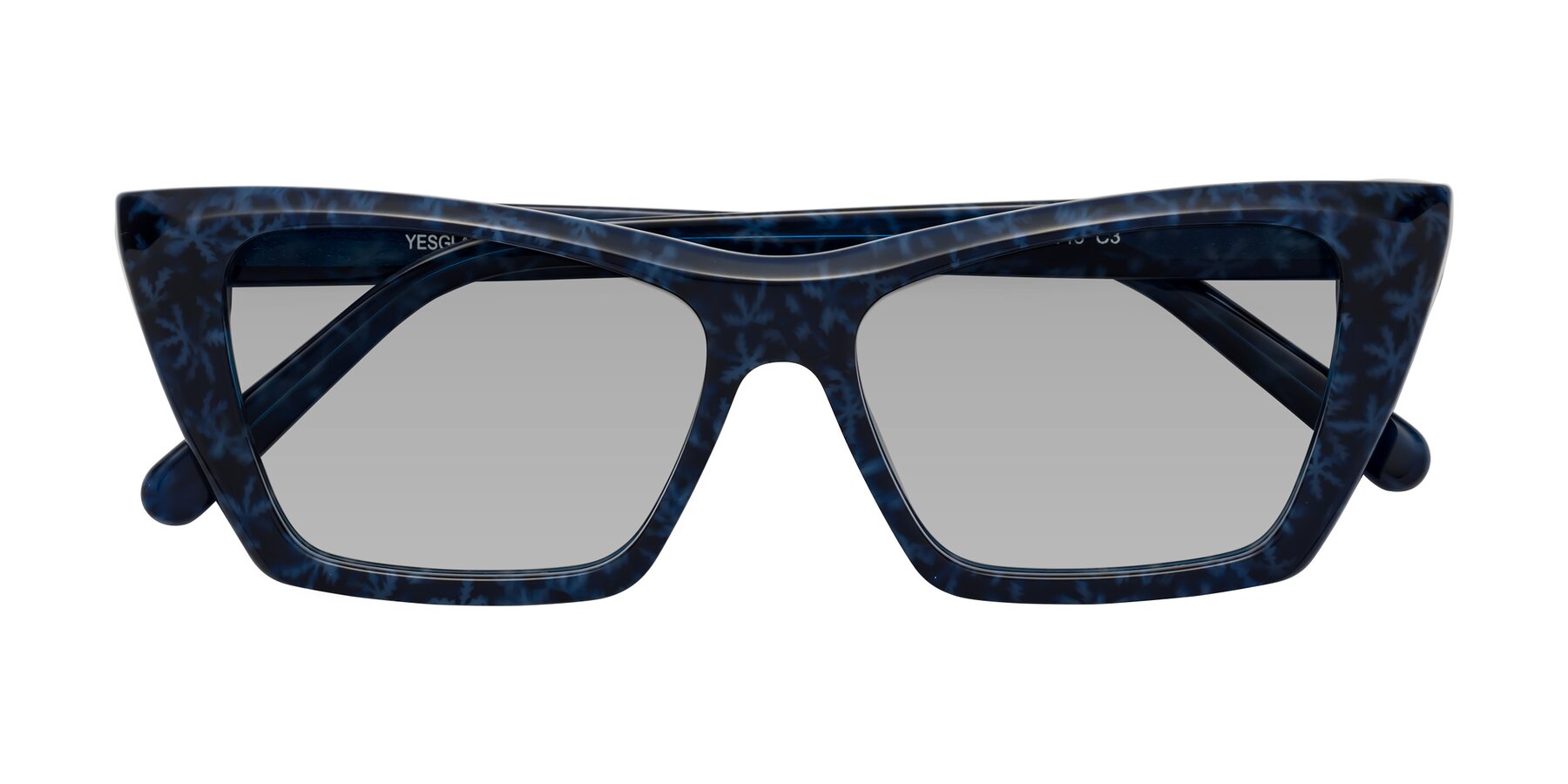 Folded Front of Khoi in Blue Snowflake with Light Gray Tinted Lenses