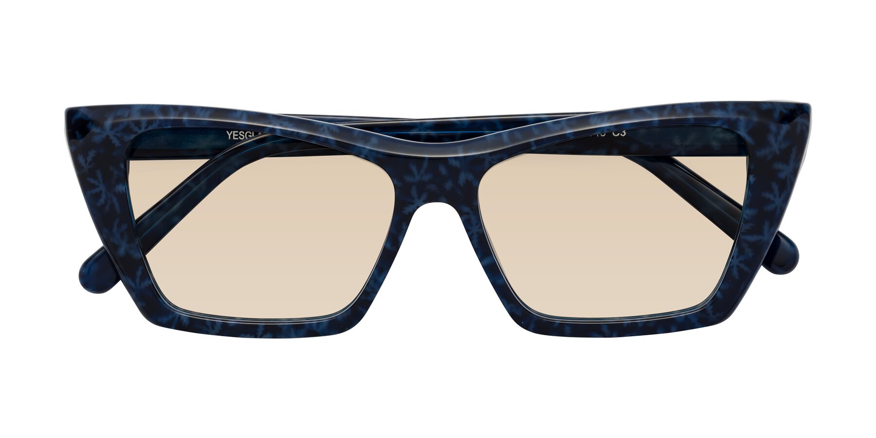 Folded Front of Khoi in Blue Snowflake with Light Brown Tinted Lenses