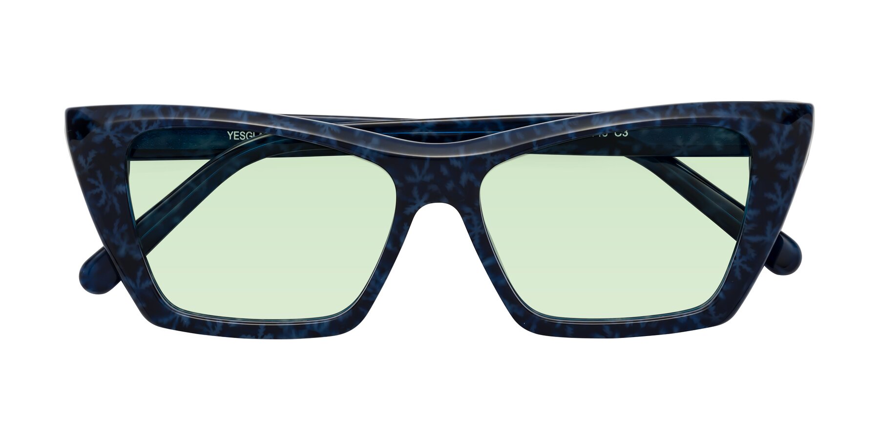 Folded Front of Khoi in Blue Snowflake with Light Green Tinted Lenses