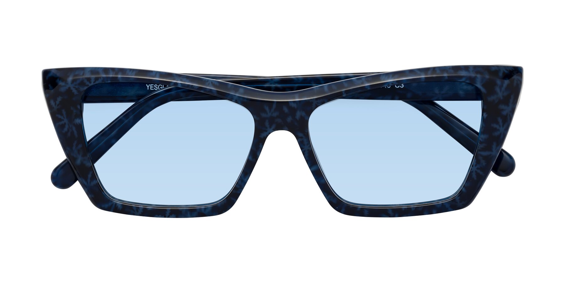 Folded Front of Khoi in Blue Snowflake with Light Blue Tinted Lenses