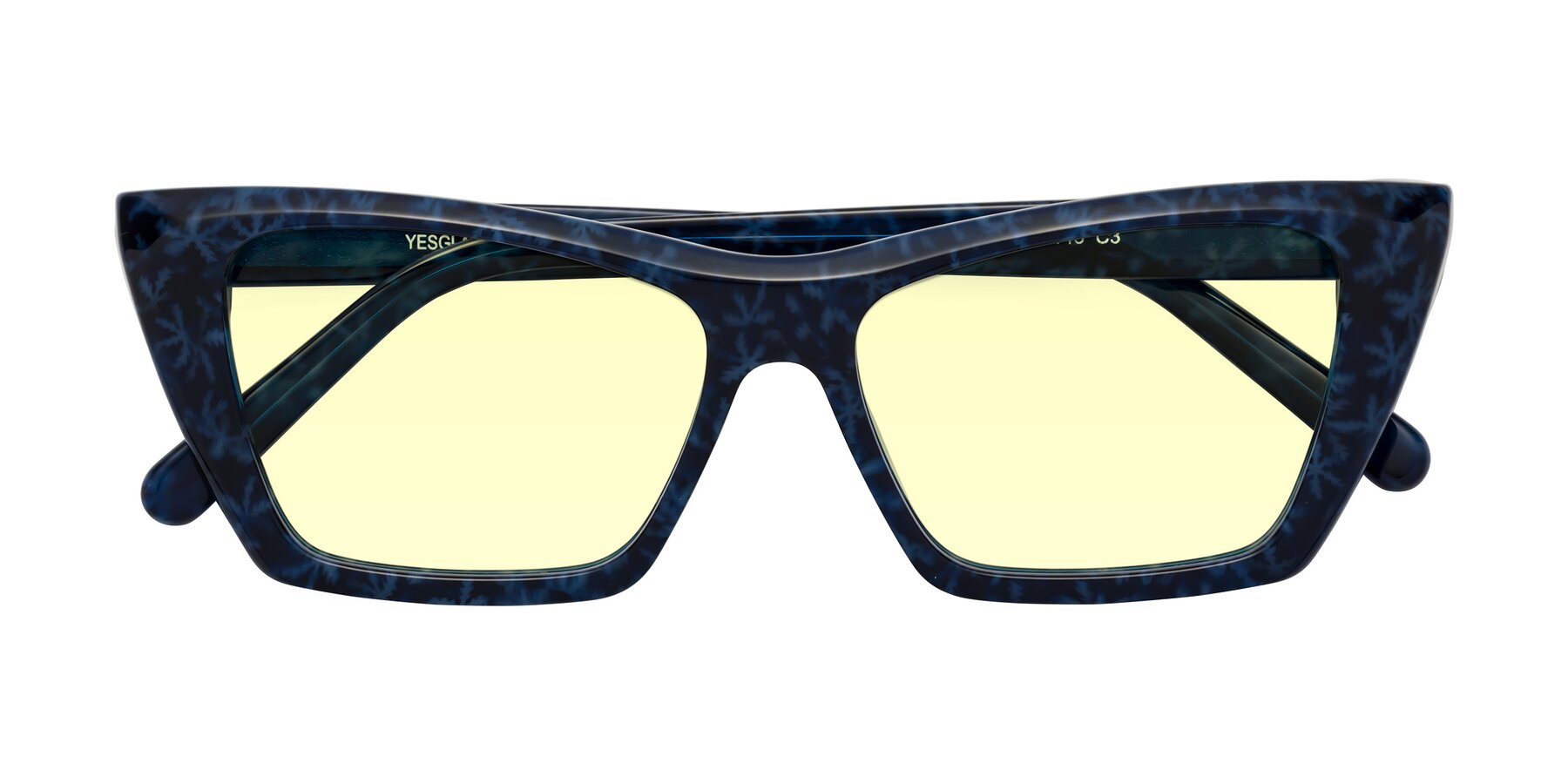 Folded Front of Khoi in Blue Snowflake with Light Yellow Tinted Lenses
