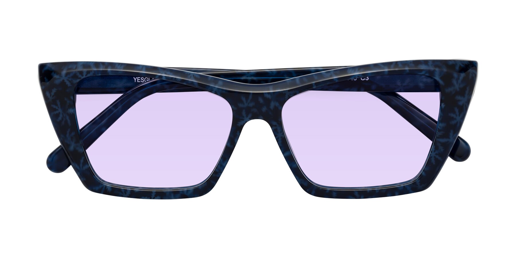 Folded Front of Khoi in Blue Snowflake with Light Purple Tinted Lenses