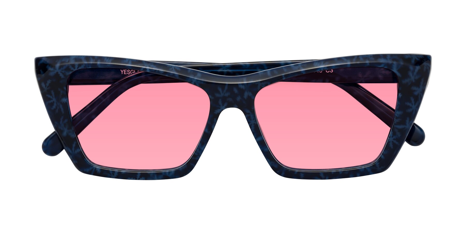 Folded Front of Khoi in Blue Snowflake with Pink Tinted Lenses