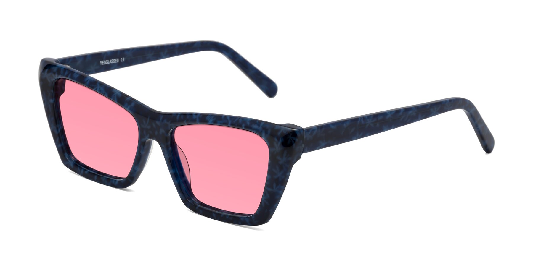 Angle of Khoi in Blue Snowflake with Pink Tinted Lenses