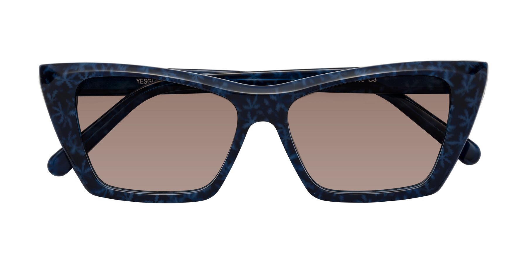 Folded Front of Khoi in Blue Snowflake with Medium Brown Tinted Lenses