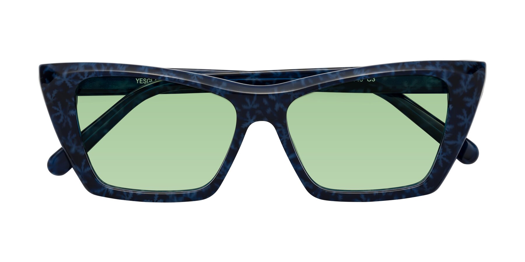Folded Front of Khoi in Blue Snowflake with Medium Green Tinted Lenses