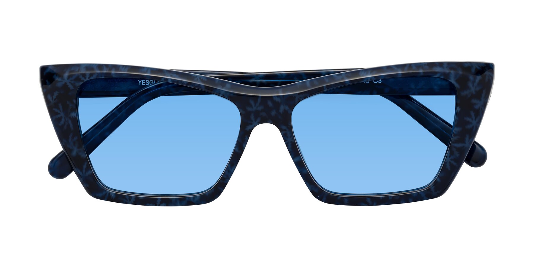 Folded Front of Khoi in Blue Snowflake with Medium Blue Tinted Lenses