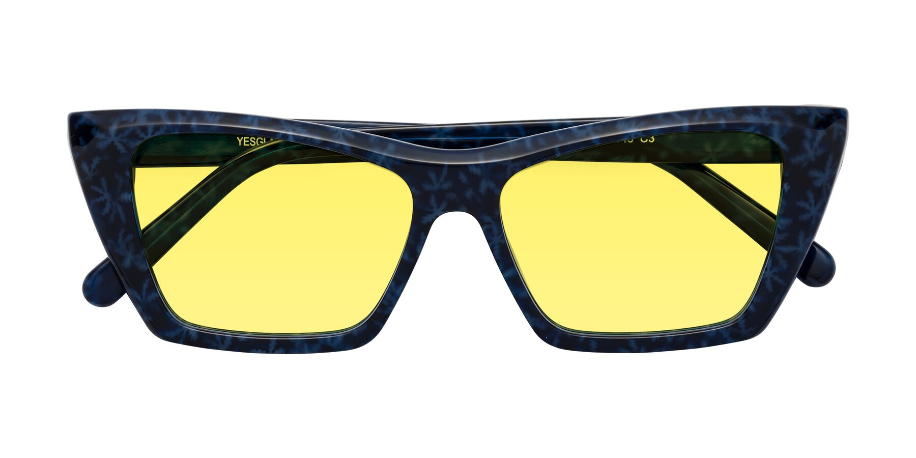 Folded Front of Khoi in Blue Snowflake with Medium Yellow Tinted Lenses