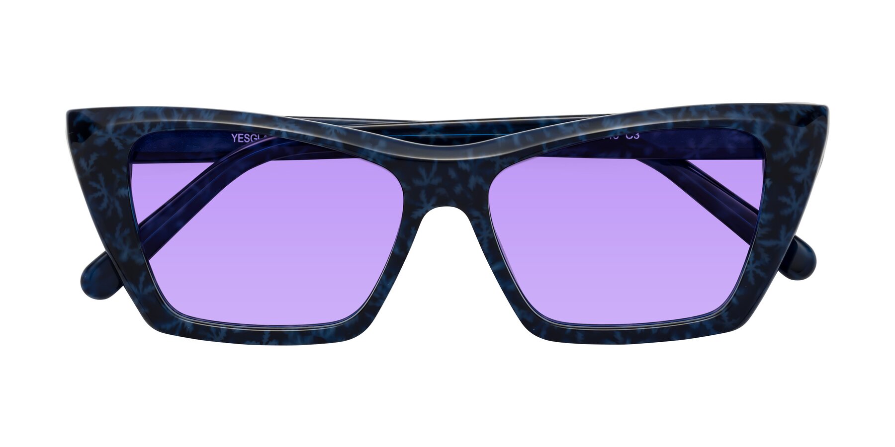 Folded Front of Khoi in Blue Snowflake with Medium Purple Tinted Lenses