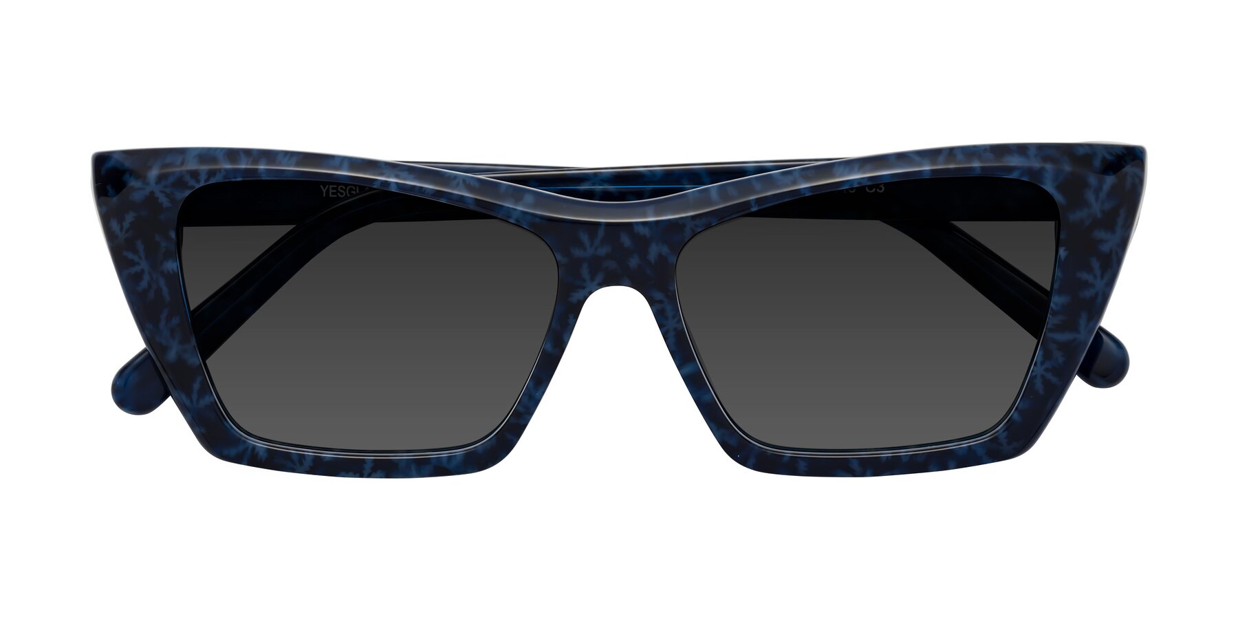 Folded Front of Khoi in Blue Snowflake with Gray Tinted Lenses