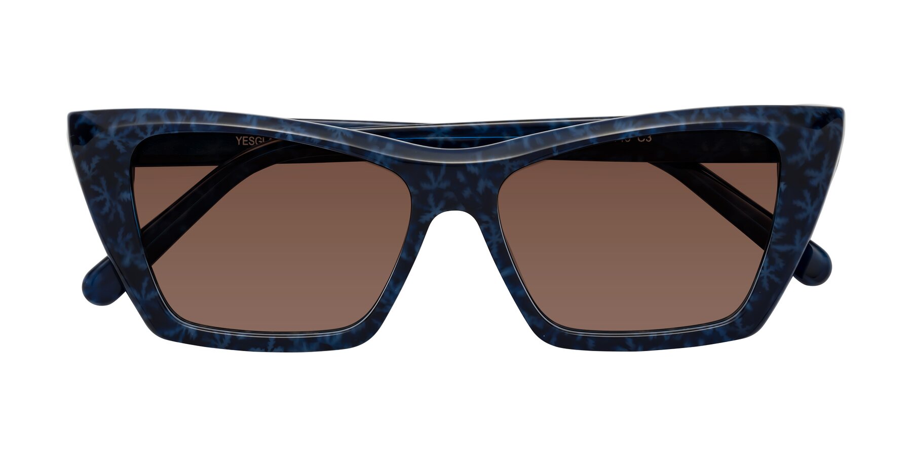 Folded Front of Khoi in Blue Snowflake with Brown Tinted Lenses