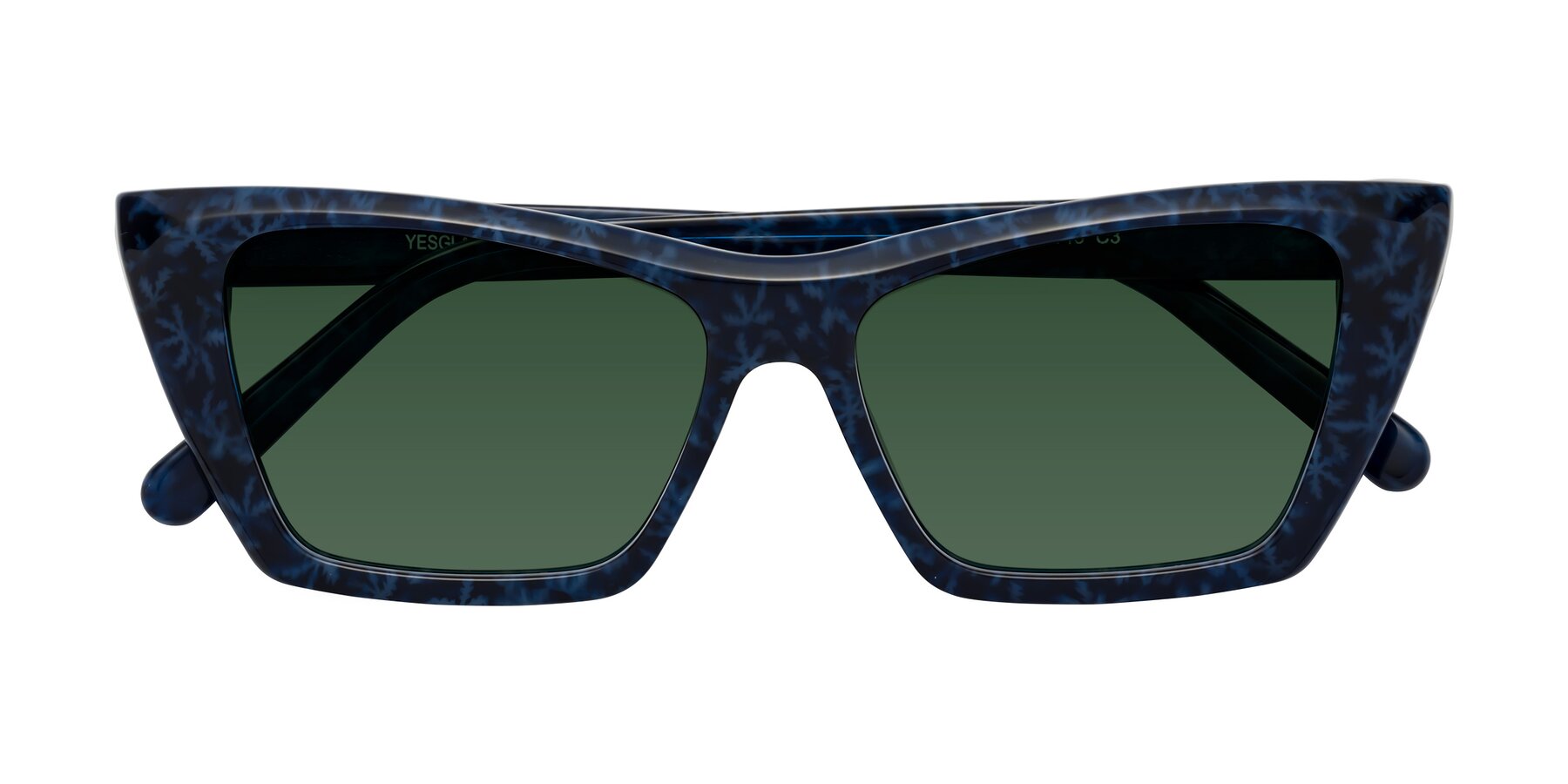Folded Front of Khoi in Blue Snowflake with Green Tinted Lenses