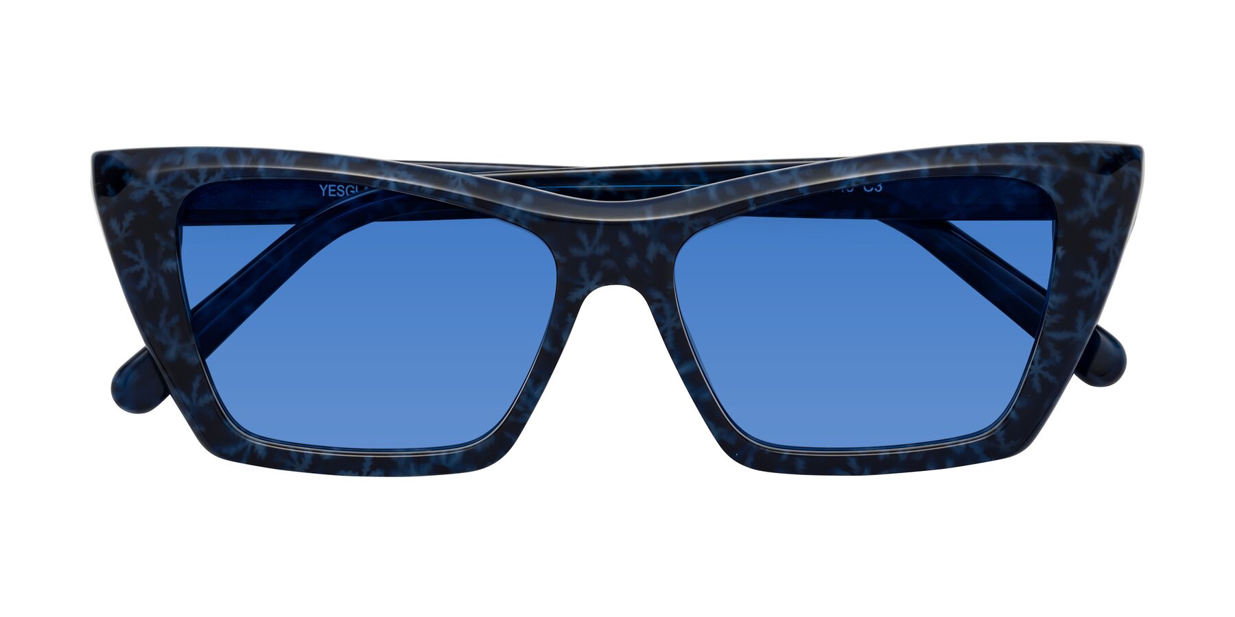 Folded Front of Khoi in Blue Snowflake with Blue Tinted Lenses