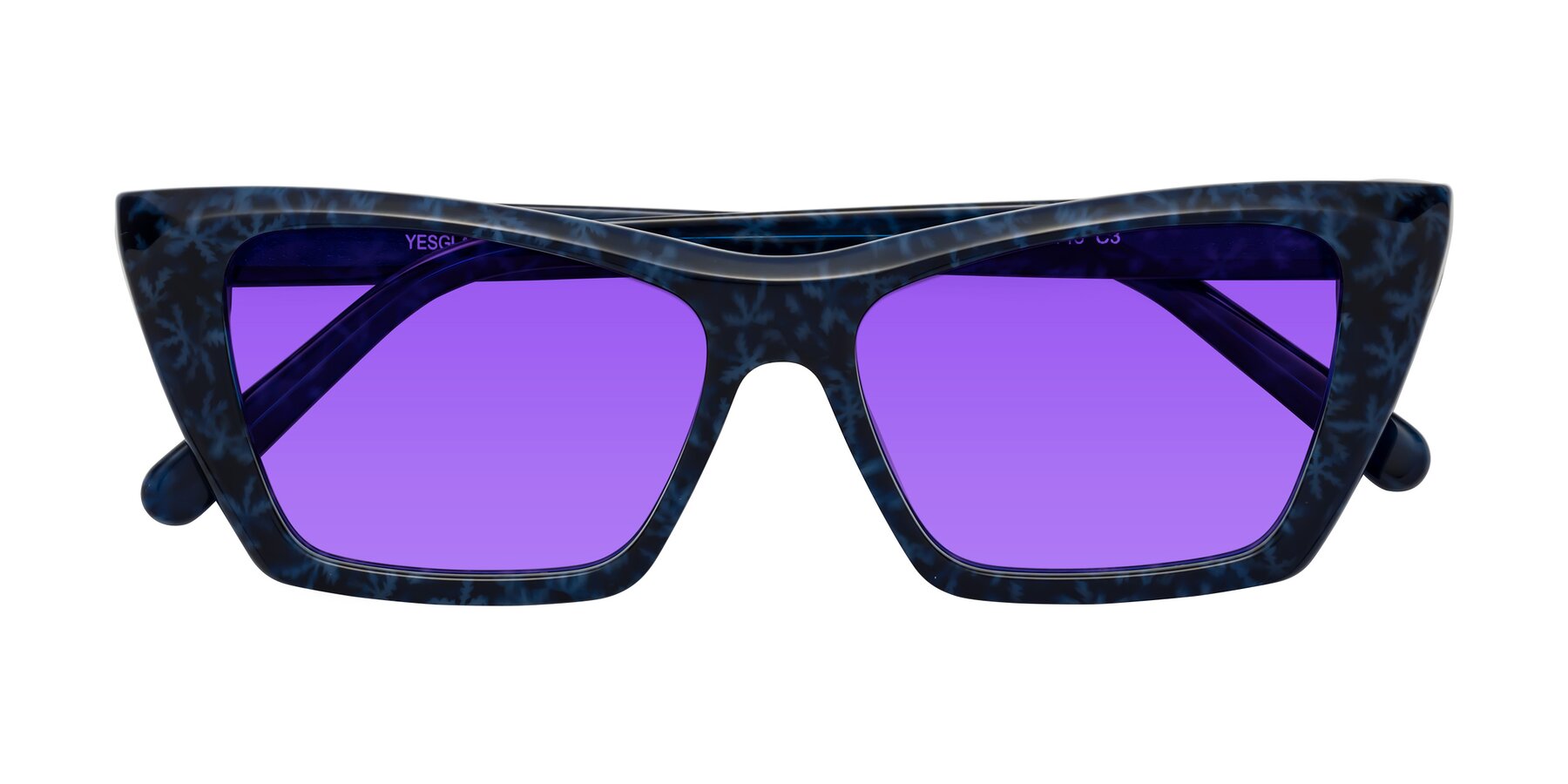 Folded Front of Khoi in Blue Snowflake with Purple Tinted Lenses