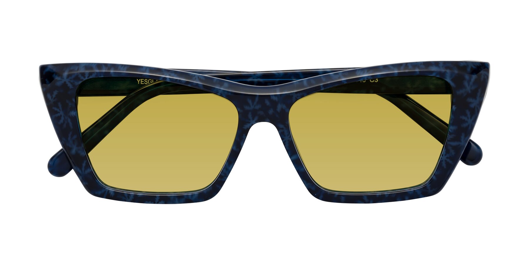 Folded Front of Khoi in Blue Snowflake with Champagne Tinted Lenses