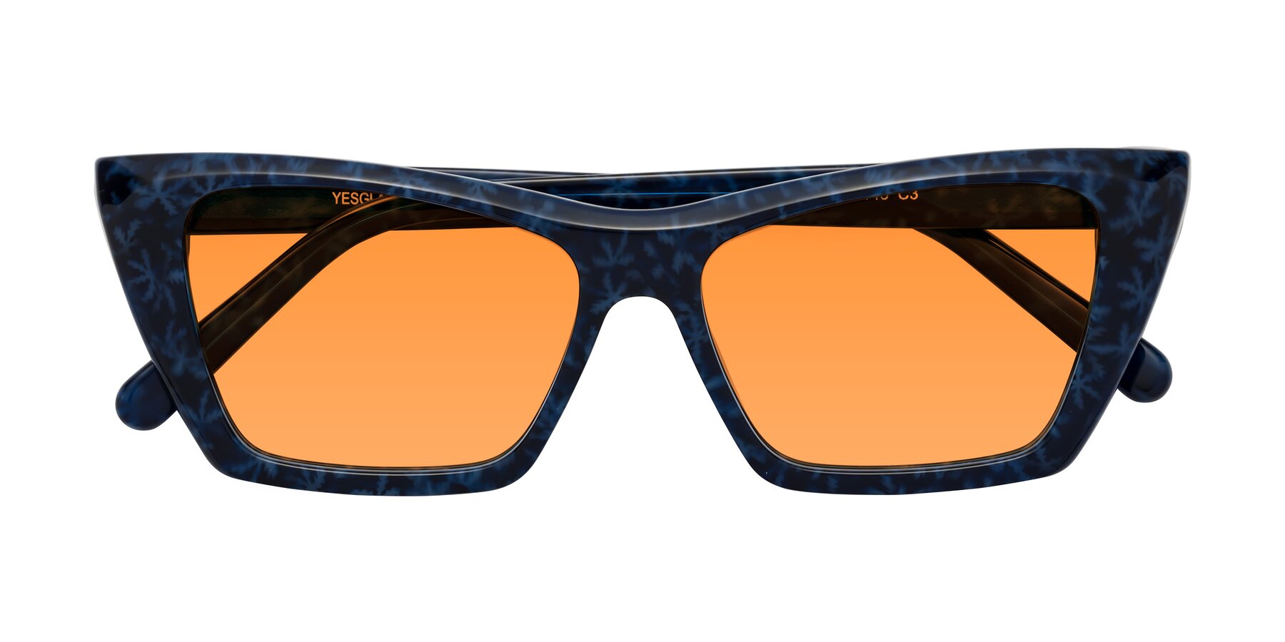 Folded Front of Khoi in Blue Snowflake with Orange Tinted Lenses