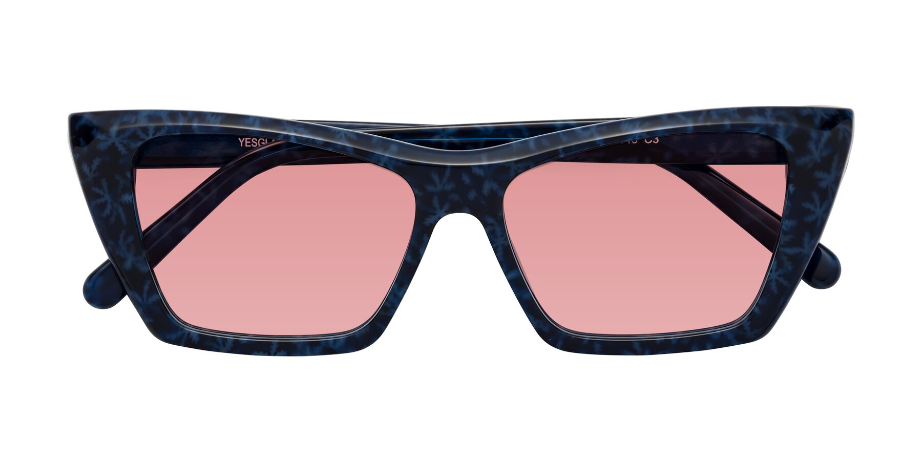 Folded Front of Khoi in Blue Snowflake with Medium Garnet Tinted Lenses