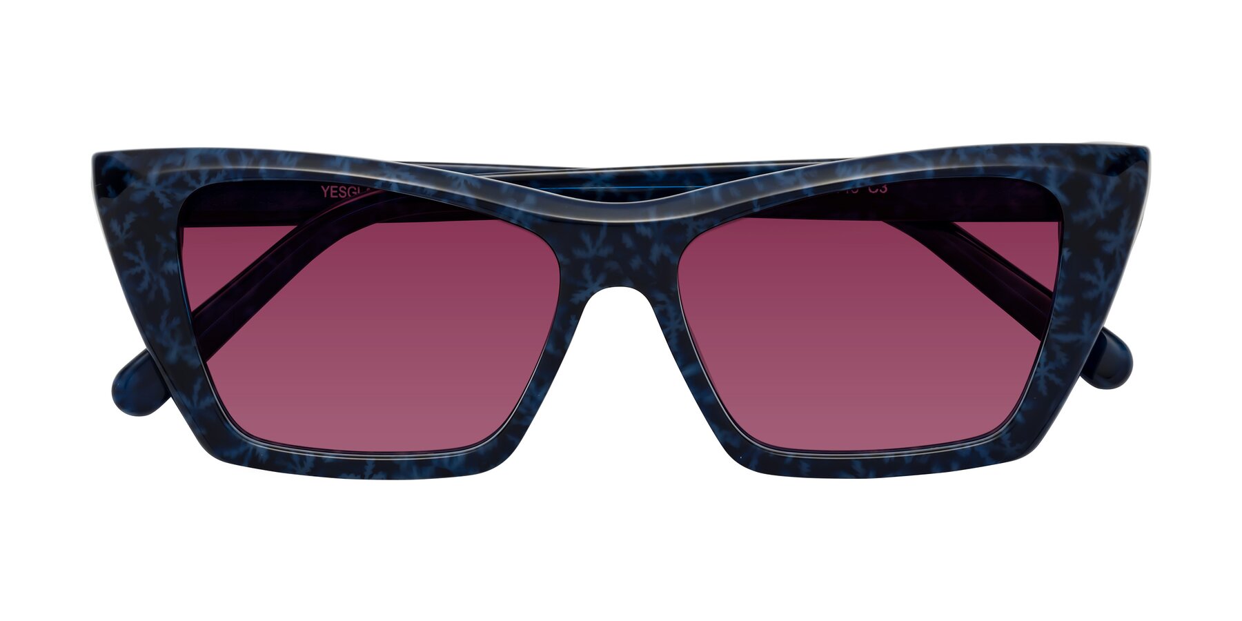 Folded Front of Khoi in Blue Snowflake with Wine Tinted Lenses