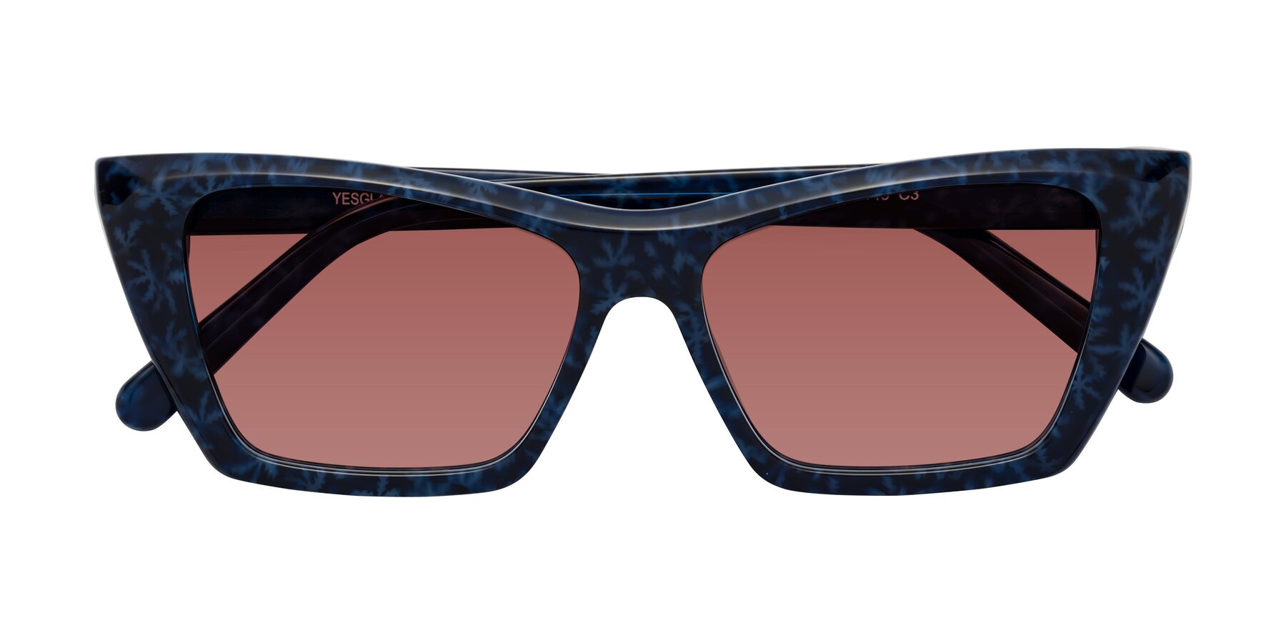 Folded Front of Khoi in Blue Snowflake with Garnet Tinted Lenses