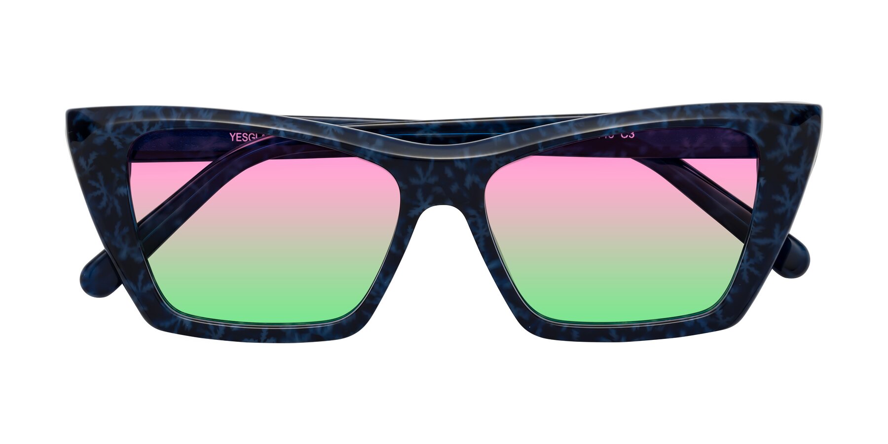 Folded Front of Khoi in Blue Snowflake with Pink / Green Gradient Lenses