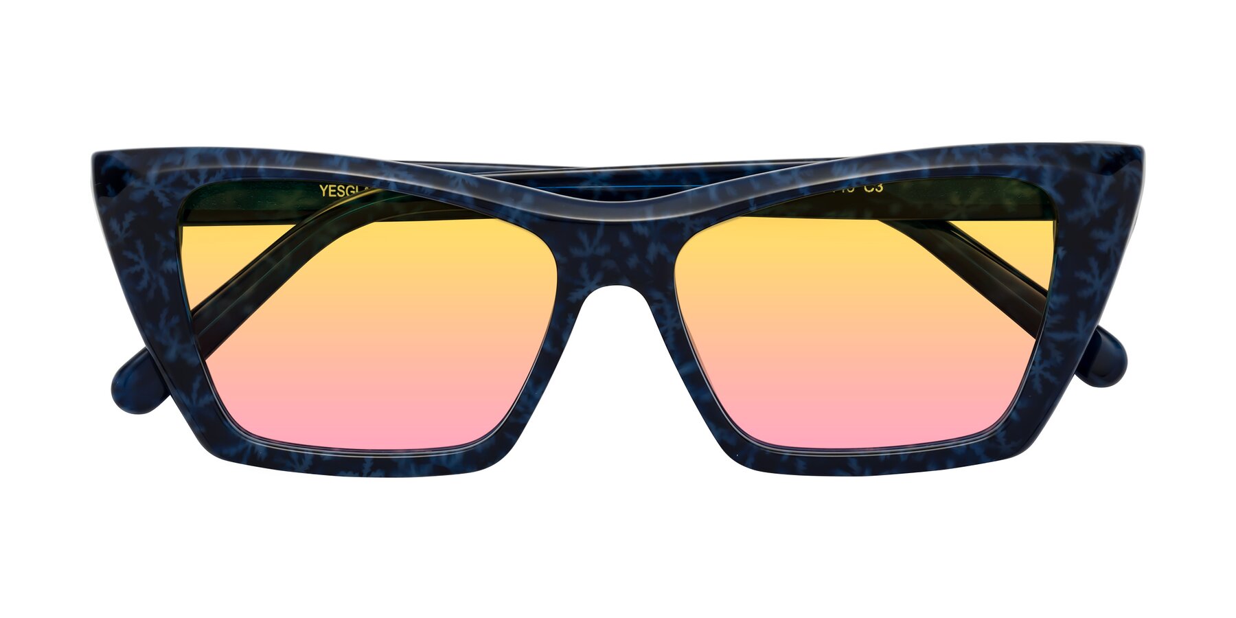 Folded Front of Khoi in Blue Snowflake with Yellow / Pink Gradient Lenses