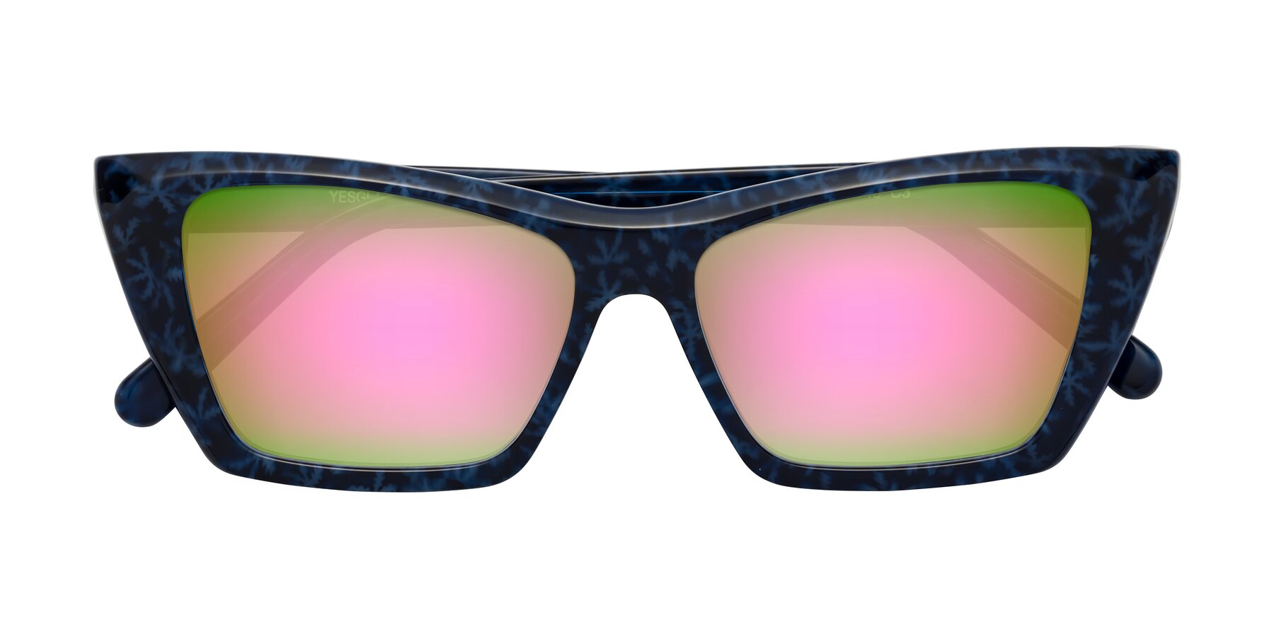 Folded Front of Khoi in Blue Snowflake with Pink Mirrored Lenses
