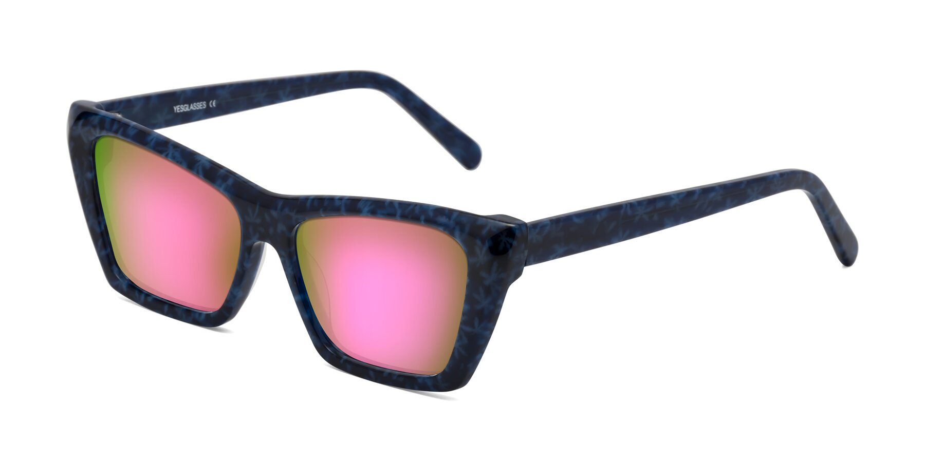 Angle of Khoi in Blue Snowflake with Pink Mirrored Lenses
