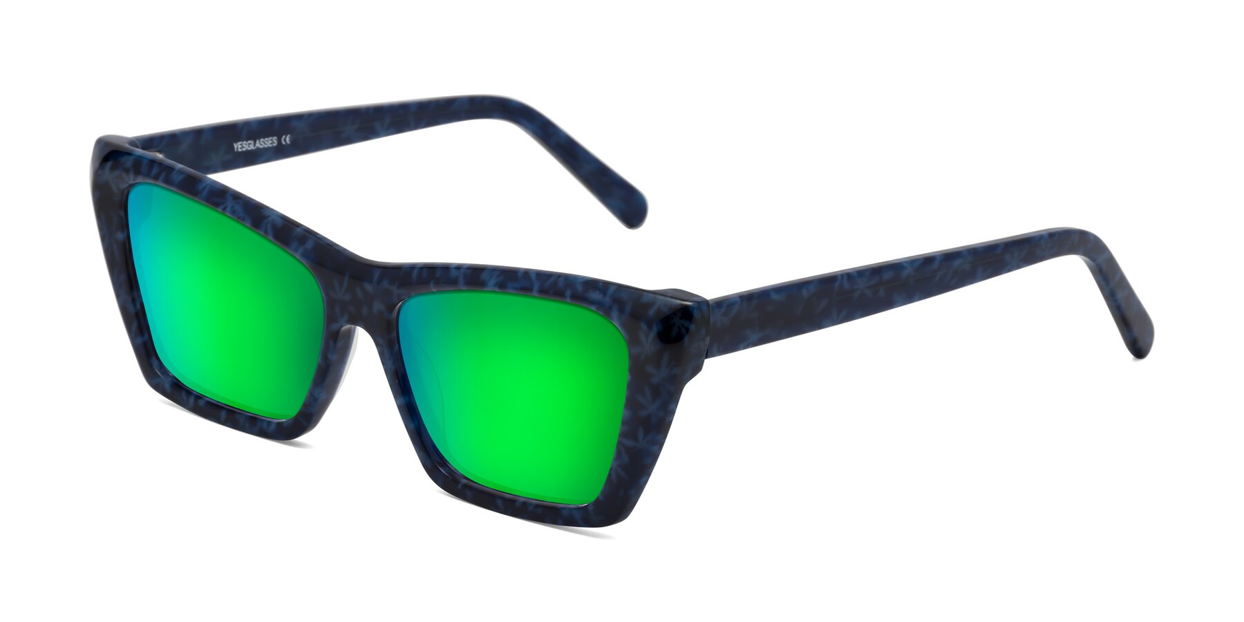 Angle of Khoi in Blue Snowflake with Green Mirrored Lenses